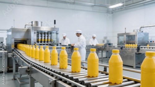 Bottles on conveyor line in factory