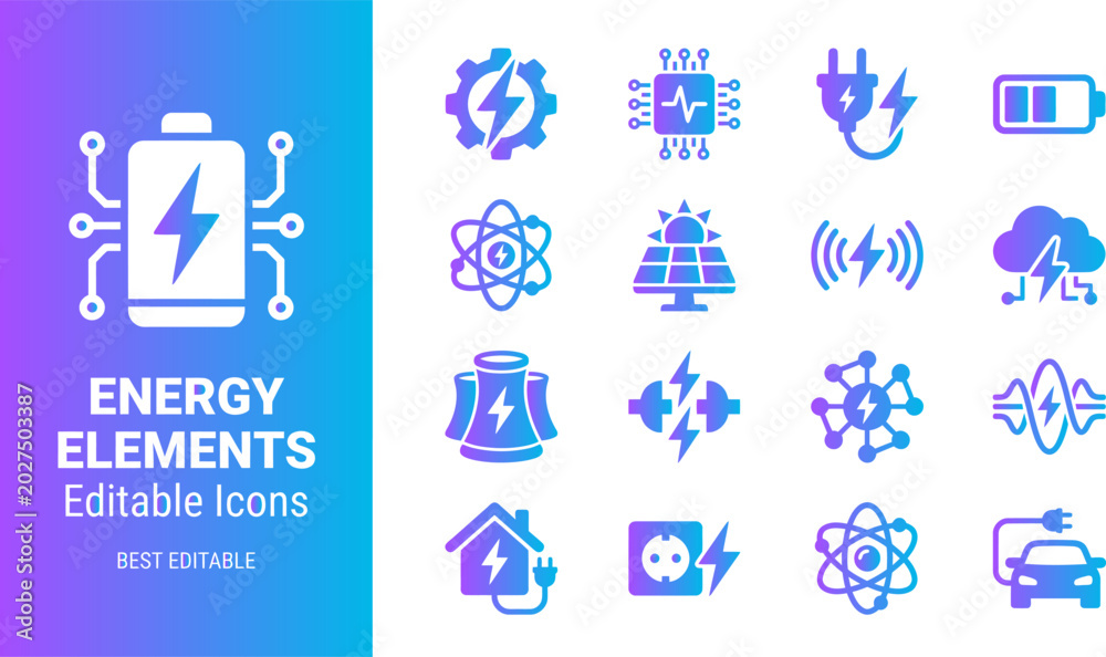 Fototapeta premium Energy elements editable icons set power sources renewable energy technology and consumption symbols.