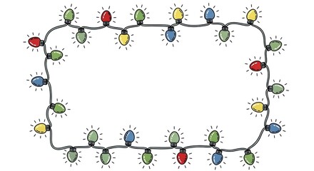 Colorful Hand Drawn Christmas String Lights Forming Blank Frame on White Background