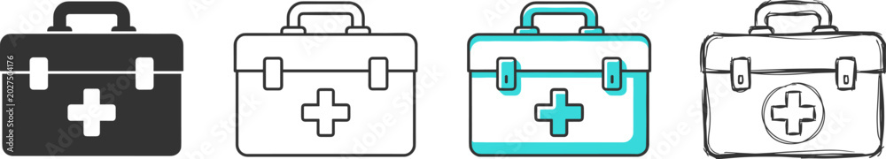 Obraz premium Set of first aid kit icons, medical box symbols in different styles vector illustration on transparent background