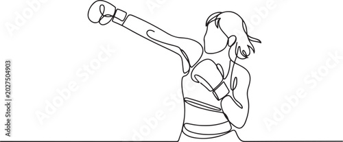 фотографія Single continuous line drawing of young agile woman boxer launch powerful uppercut punch