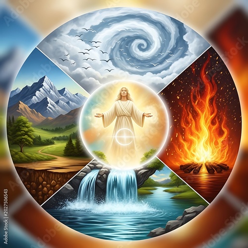 Radiant Spiritual Figure Surrounded by Four Natural Elements in Circular Fantasy Illustration