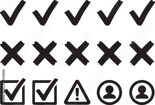 Set of hand drawn black check marks and cross signs, check boxes, warning triangle and user icons isolated on white background