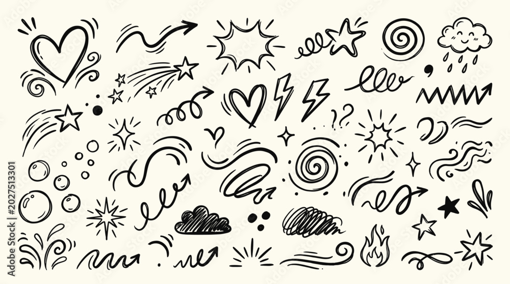 Fototapeta premium Hand Drawn Doodle Weather and Abstract Symbols Collection on Isolated White Background
