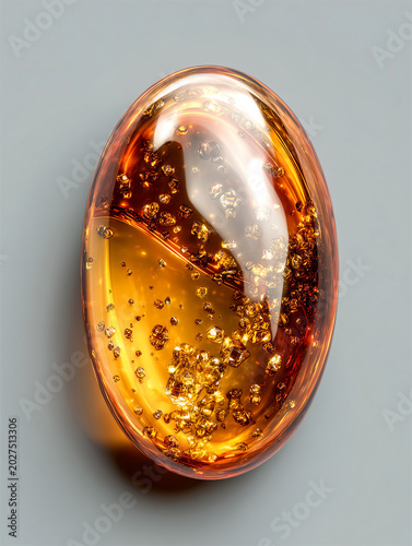 Glossy amber gemstone isolated on grey background. Oval orange resin piece with internal golden sparkles and bubbles. Beautiful semi precious mineral stone decoration