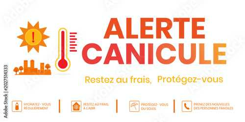 Obraz na płótnie Heatwave warning banner in french ALERTE CANICULE, RESTEZ AU FRAIS, PROTEGEZ-VOUS with thermometer, sun, urban skyline,recommendation