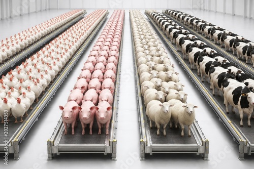 Industrial Livestock Farm Showing Rows Of Pigs, Sheep, Cows And Chickens In Factory Setting