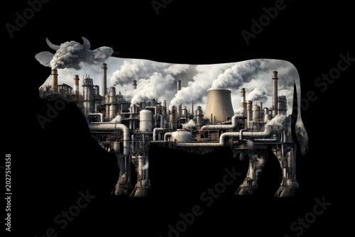 Cow silhouette filled with industrial factory emissions - conceptual image of agriculture and pollution