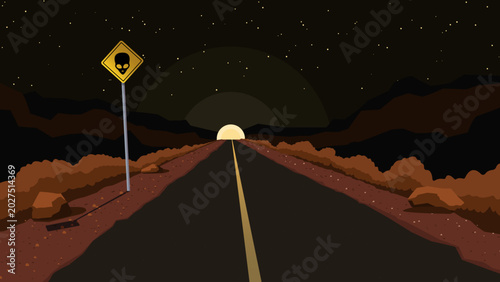 Mysterious Desert Road Under Moonlight with Alien Sign