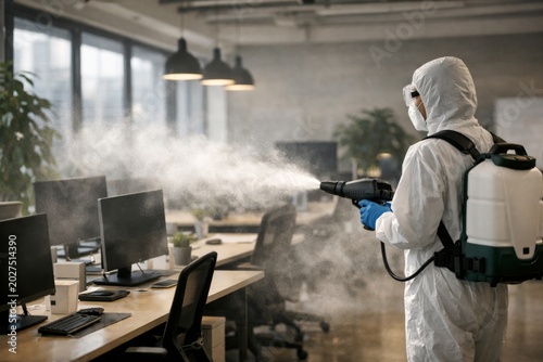 Worker disinfecting open office with sprayer in protective suit and mask during cleaning