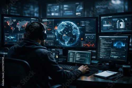 Cybersecurity analyst monitoring global network threats on multiple screens with code and data visualizations