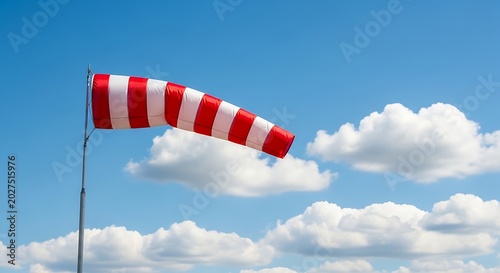 Red and White Windsock Blowing Against Blue Sky with Fluffy Clouds