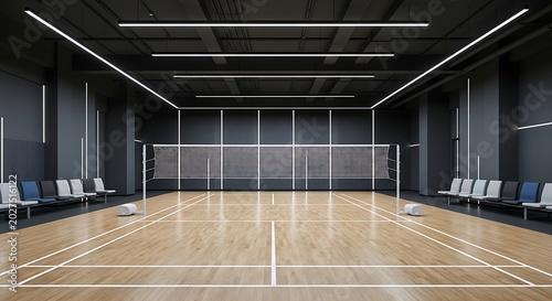 Modern Empty Badminton Court Illuminated in Indoor Sports Hall