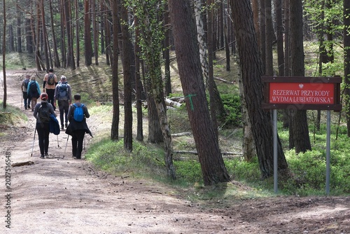 A red plaque with inscription of nature reserve  Lubiatowskie Dunes, Western Pomerania, Poland. Silhouettes of walking tourist on path in forest.