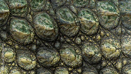 Foto Full-frame macro of crocodile or alligator skin showing detailed scale pattern in green and gold tones