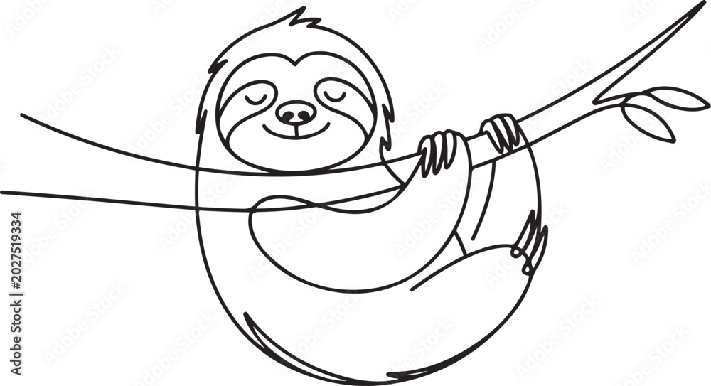 Obraz premium slow cute sloth hanging at limb tree for logo identity. Marsupial animal mascot concept for pet lover club icon. one line art icon drawing vector