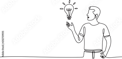 Quadro su tela Continuous one line drawing a man in casual clothes with gestures got an idea in a lightbulb