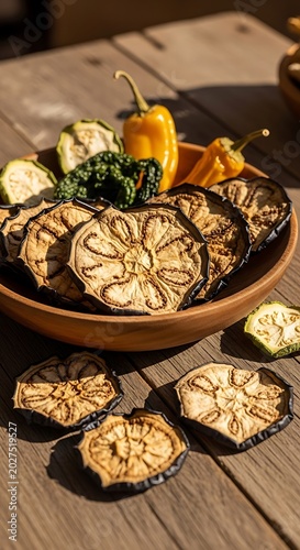 Sunlit Dried Eggplant Slices and Peppers Arranged in Rustic Wooden Bowl on Table