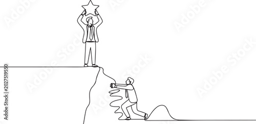 Bild auf Leinwand businessman standing on a cliff lifting a star
