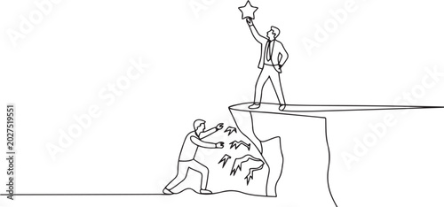 Konstfotografi businessman standing on a cliff lifting a star