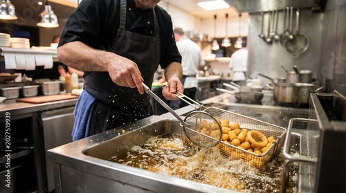 Chef cooking fried food in commercial kitchen with tongs