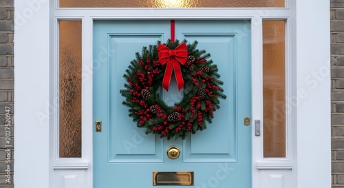 Festive Christmas Wreath Hanging on Light Blue Front Door
