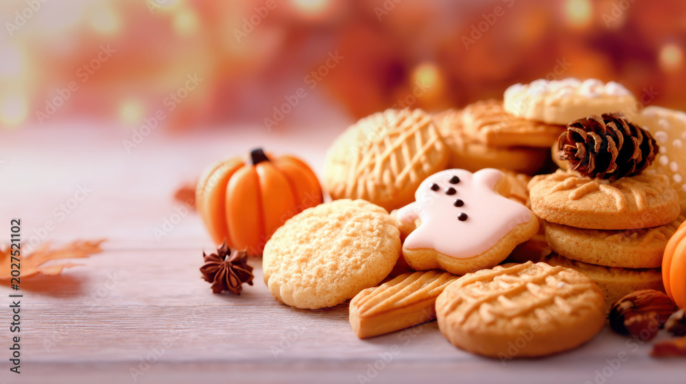 Fototapeta premium Autumn inspired assortment of cookies with pumpkin, pinecone and spices on wooden surface with warm background