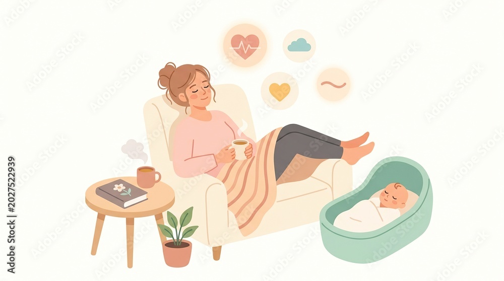 Obraz premium Mother is seated in a chair with a blanket over her legs. She holds a drink and watches over her newborn in a nearby cradle.