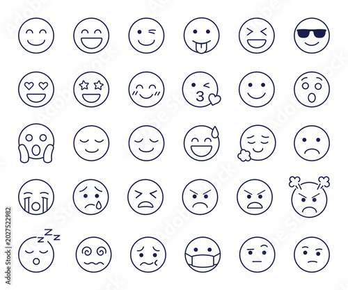 Blue Outline Emoji Face Expression Icon Set
