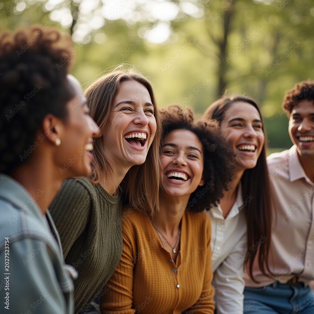 Fototapeta premium Group of Diverse Young Women Laughing Together Outdoors in Park on Sunny Day