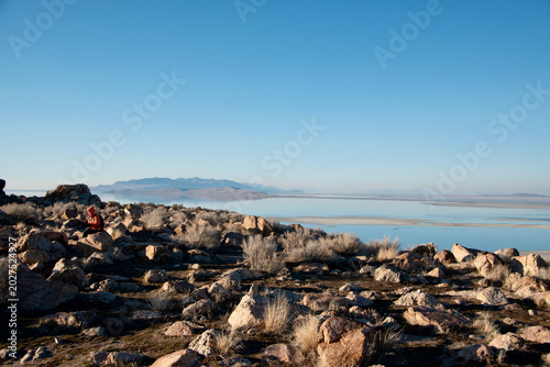 Hiker Rocky Summit Great Salt Lake View Antelope Island Utah