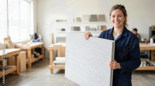 Woman holding facade panel in workshop, smiling with confidence and showcasing design expertise. Facade panel highlights craftsmanship in interior design setting.