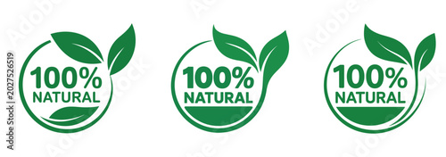 Obraz na plátně Three 100% Natural Logo Badges: Collection of green circular badges featuring two leaves and text, symbolizing organic and pure product certification