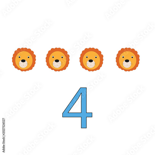 Number 4 Counting Worksheet with Cute Cartoon Lions for Preschool