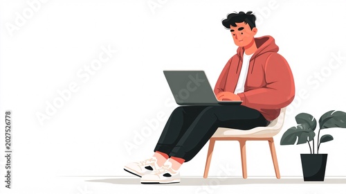 Young man sitting on chair using laptop with minimal white background and houseplant