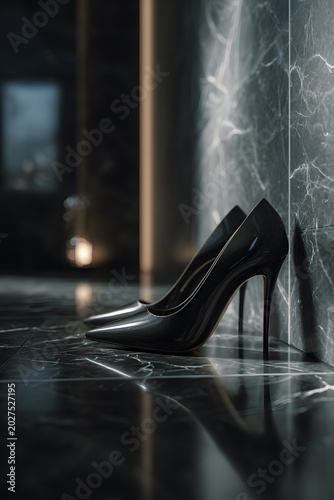 High Heel Stilettos lying minimalist Luxury Black Marble Floor Glamorous Upscale Living Room setting Deep Cool Tonal Colored Ambient Light 45 degree Camera Angle Sophisticated Glamorous Luxurious Mood