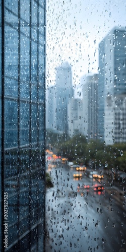 High rise office building noon rainy city day reflective skyscraper window city rain glisten wet sheen under gloomy blue grey sky reflecting wet glass asphalt street blurred cityscape rain city street