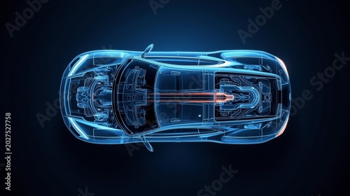 Sports Car Transparent X ray on Gradient Blue and Black Background