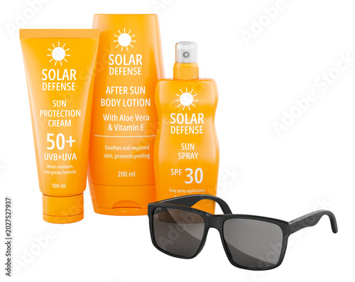 Sunscreen cream, after sun lotion, sun spray and black sunglasses, summer skincare concept, 3d rendering