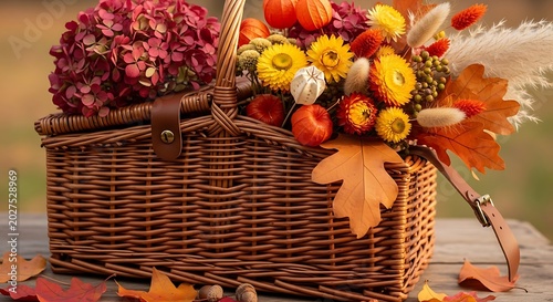 Rustic Wicker Basket Filled with Autumn Flowers and Pumpkins on Wooden Table