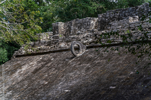 Ancient Maya Ballcourt with Stone Ring at Coba Archaeological Site in Mexico