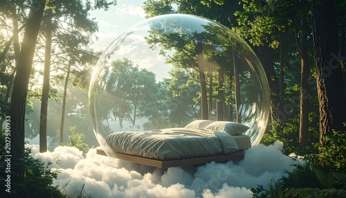 Surreal Bedroom Scene in Forest Bubble.