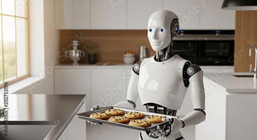 Futuristic humanoid robot serving breakfast in modern kitchen with natural lighting