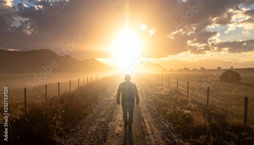 Man Walking Down Dirt Road at Sunset.