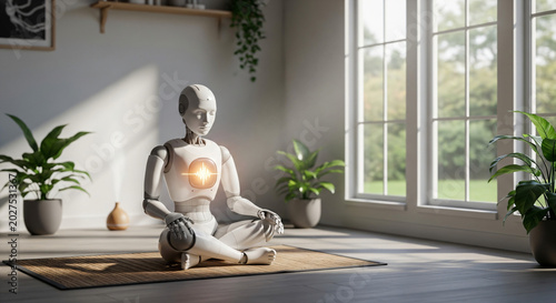 Humanoid Robot Meditating on Yoga Mat in Serene Modern Room with Glowing AI Core