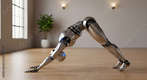 Futuristic humanoid robot performing yoga downward dog pose on wooden floor in bright modern home interior