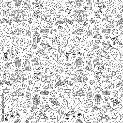Pizza baked in a wood-fired oven and Israel icons seamless pattern. Black and white. Colored page illustration.