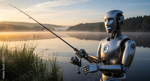 Futuristic humanoid robot fishing at serene lakeside during golden hour sunset