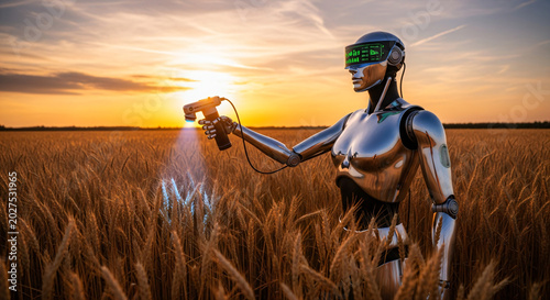 Futuristic humanoid robot holding tablet in golden wheat field at sunset with lens flare