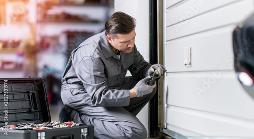 A skilled technician repairing a garage door with a drill